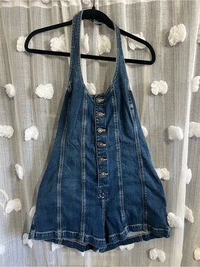 American Eagle Denim Button-Front Halter Romper - Blue